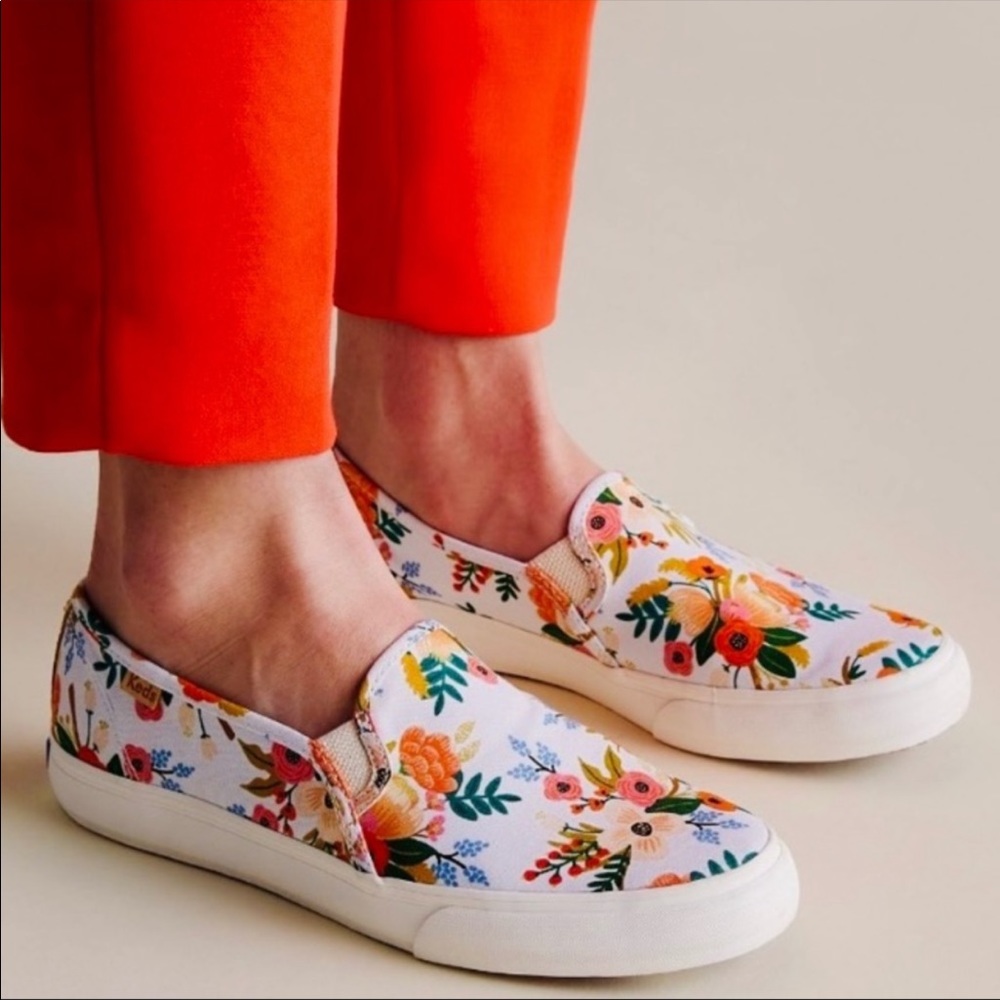 Rifle Paper Co x Keds Slip On Canvas Shoes White Floral Pattern Springtime 9.5